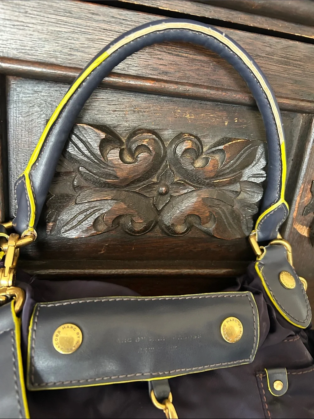 Marc Jacobs Nylon Navy Blue Shoulder Bag with Yellow Trim